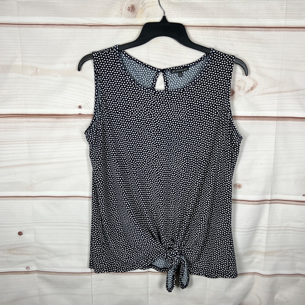 Adrianna Papell Top Women 1X Blue White Polka Dot Tank Knit Tie Waist Sleeveless